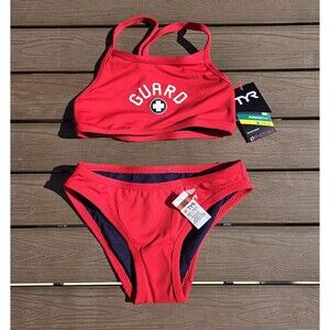 TYR LIFE GUARD Red BLUE +Reversible  Workout Bikini Top & Bikini WOMEN  L New
